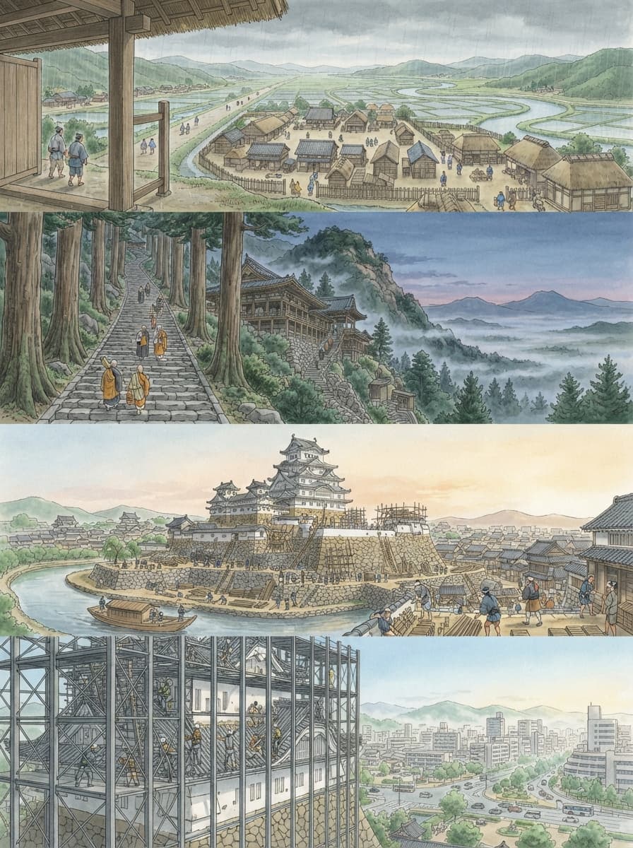姫路市の歴史を古代から現代まで4コマでたどるAI生成イメージ