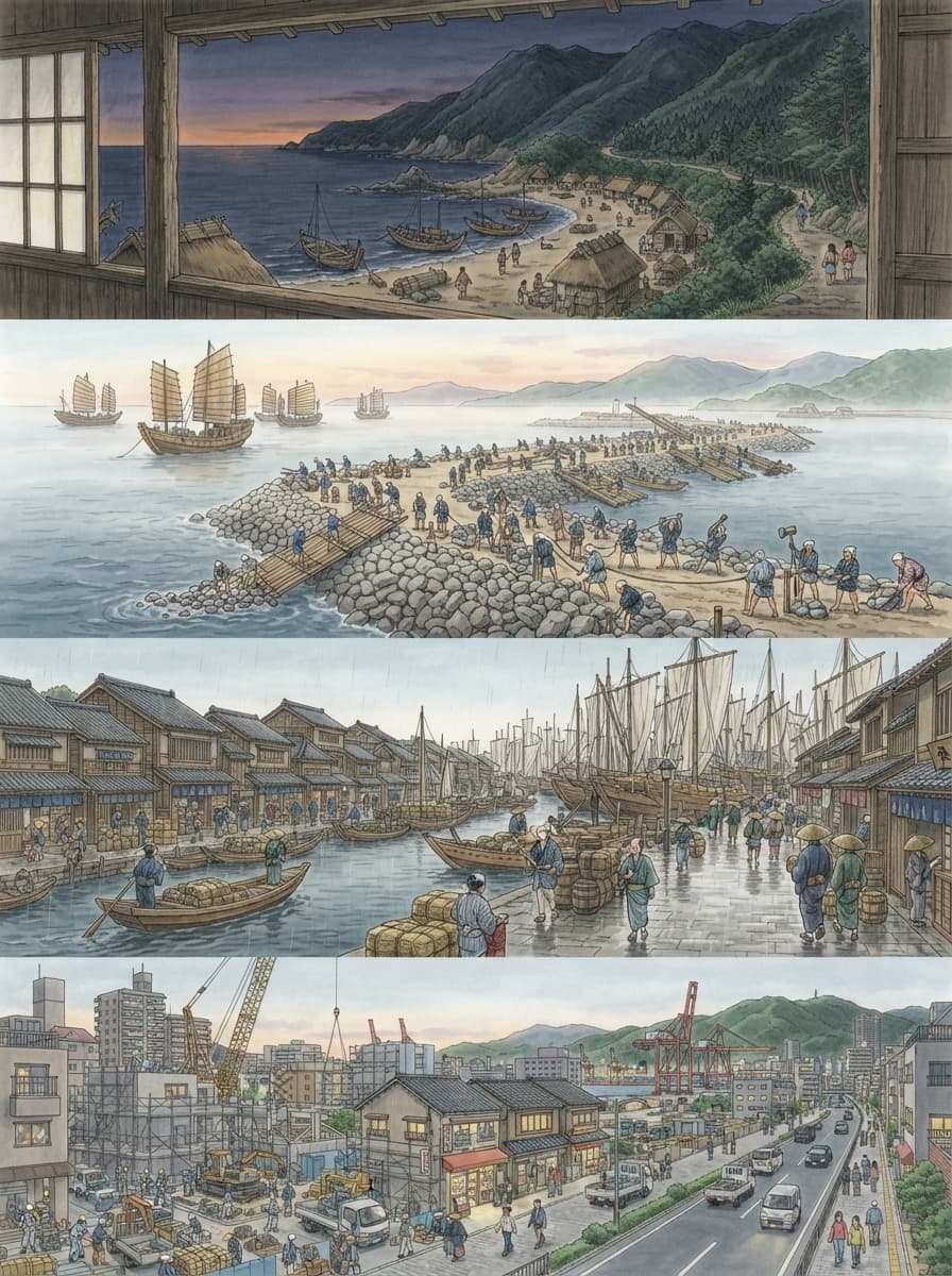 神戸市の歴史を古代から現代まで4コマでたどるAI生成イメージ