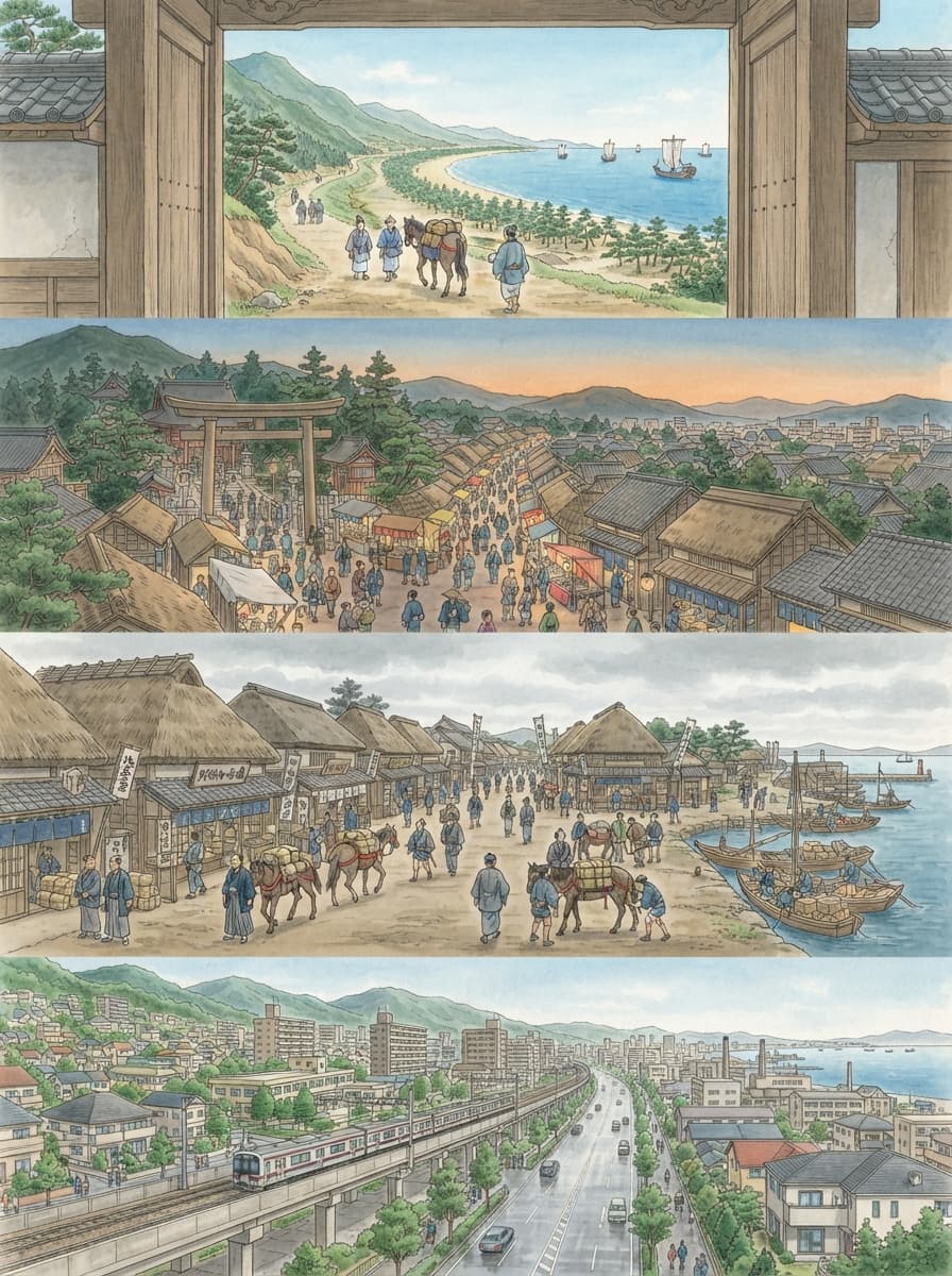 西宮市の歴史を古代から現代まで4コマでたどるAI生成イメージ