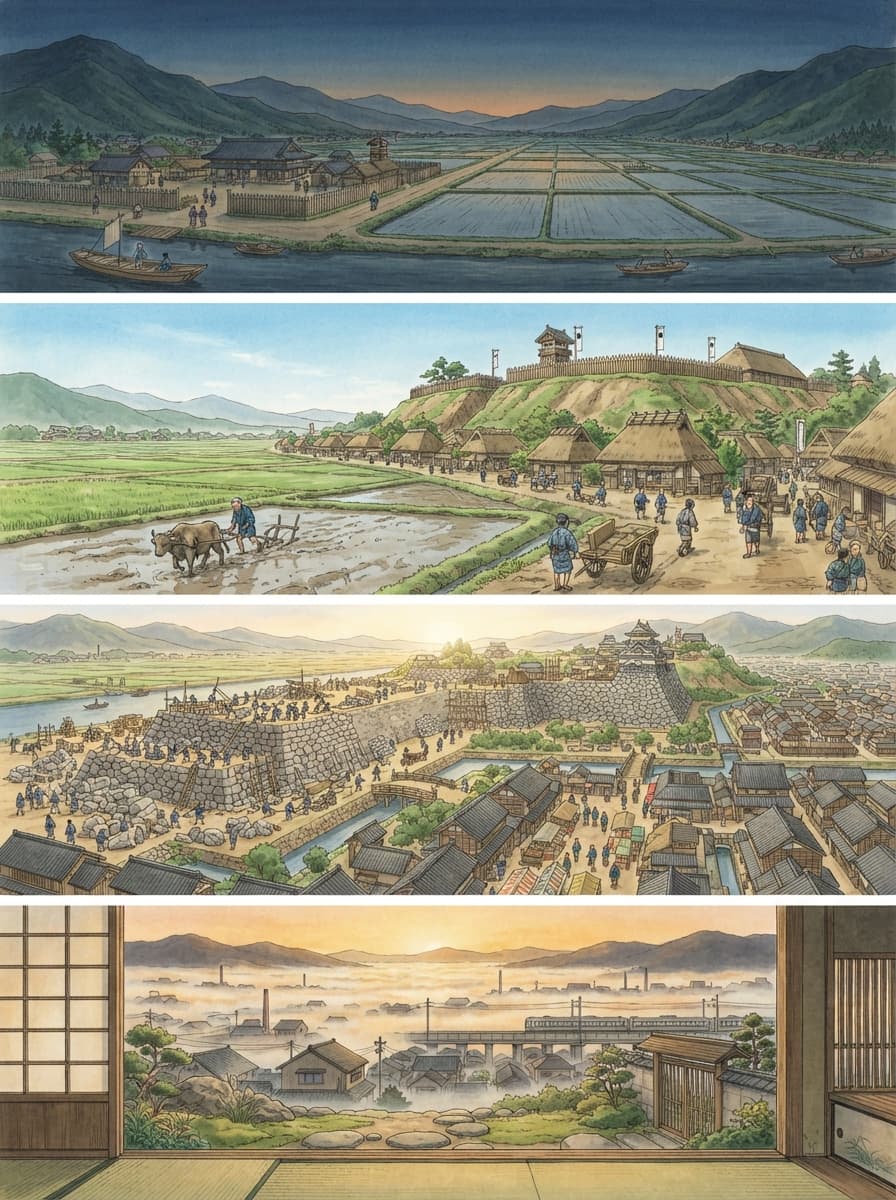 亀岡市の歴史を古代から現代まで4コマでたどるAI生成イメージ