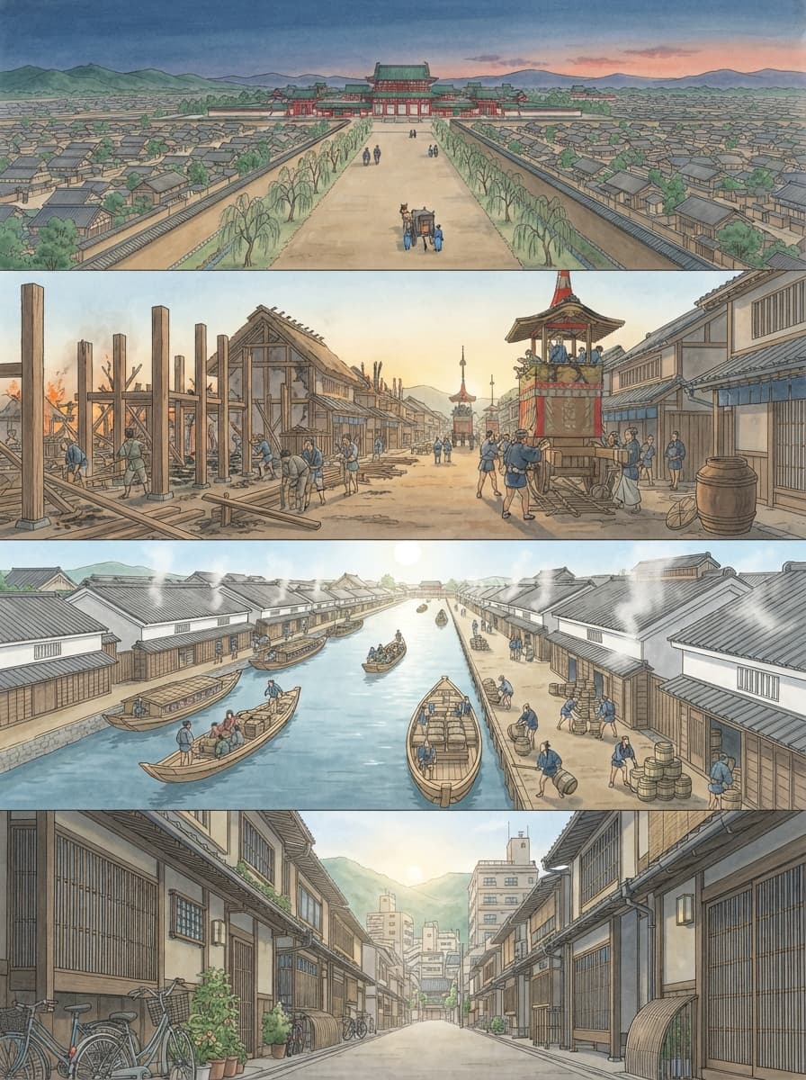 京都市の歴史を古代から現代まで4コマでたどるAI生成イメージ