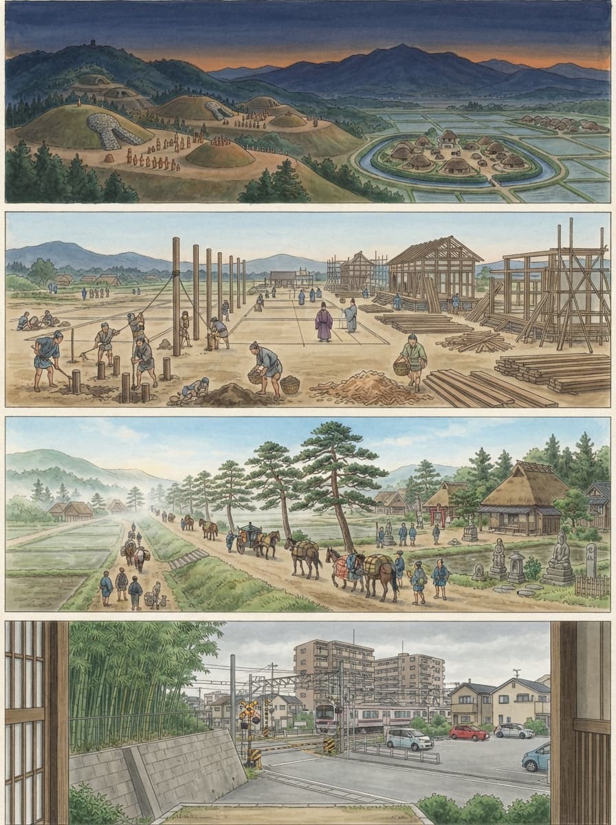 長岡京市の歴史を古代から現代まで4コマでたどるAI生成イメージ