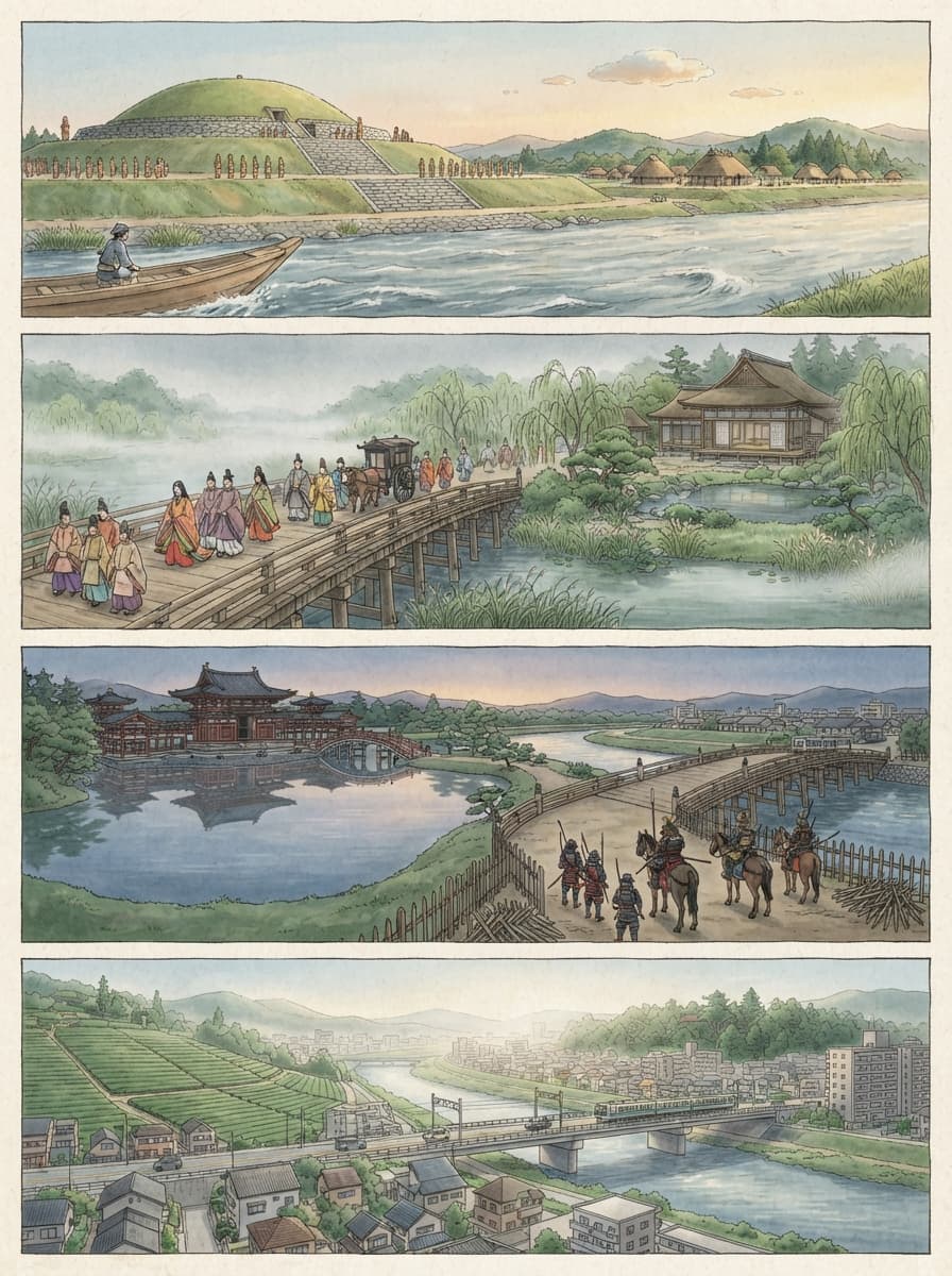 宇治市の歴史を古代から現代まで4コマでたどるAI生成イメージ