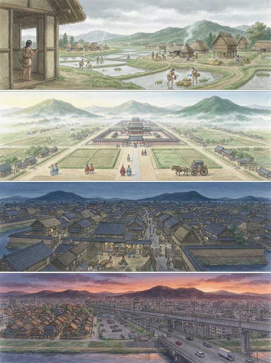 橿原市の歴史を古代から現代まで4コマでたどるAI生成イメージ