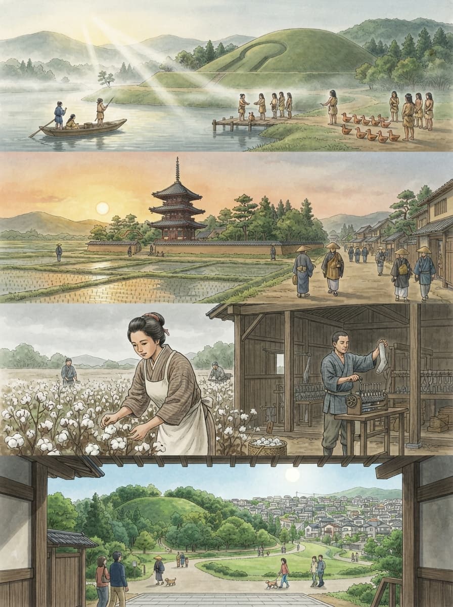 広陵町の歴史を古代から現代まで4コマでたどるAI生成イメージ