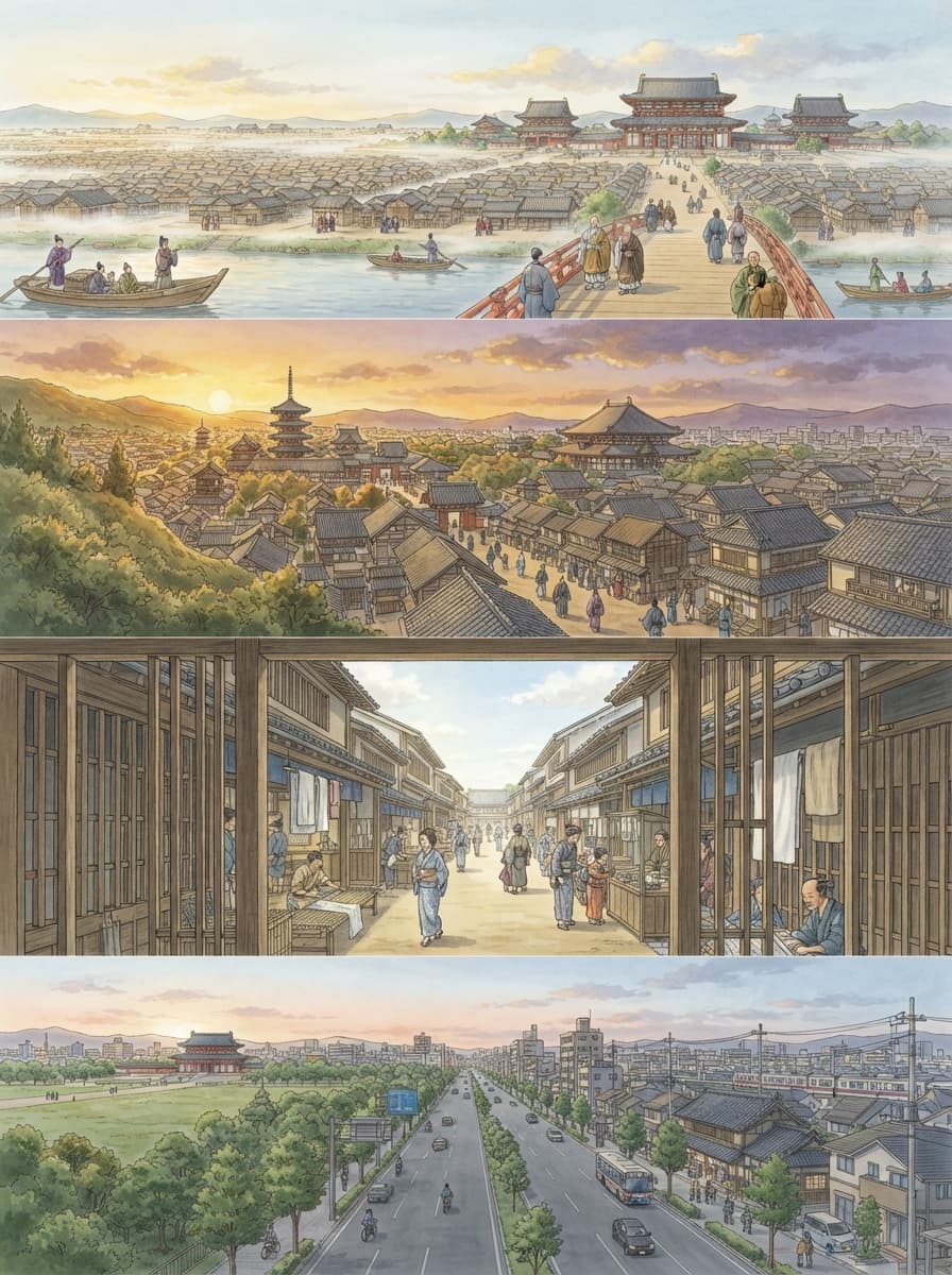 奈良市の歴史を古代から現代まで4コマでたどるAI生成イメージ