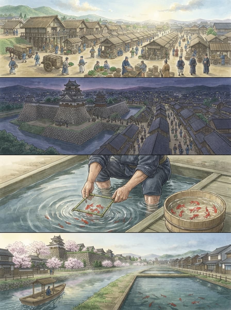 大和郡山市の歴史を古代から現代まで4コマでたどるAI生成イメージ