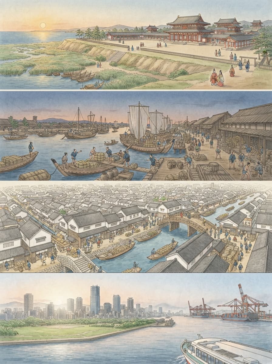 大阪市の歴史を古代から現代まで4コマでたどるAI生成イメージ