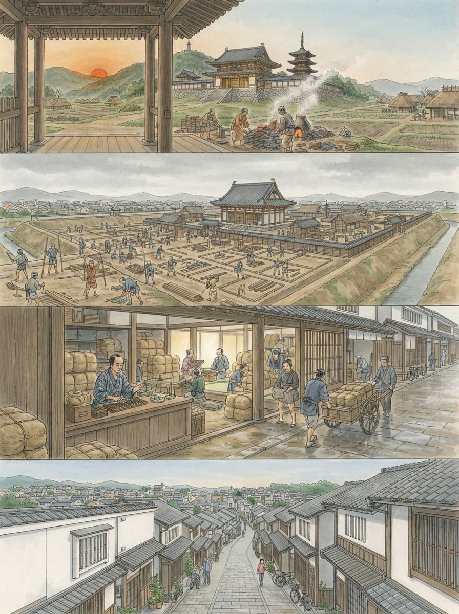 富田林市の歴史を古代から現代まで4コマでたどるAI生成イメージ