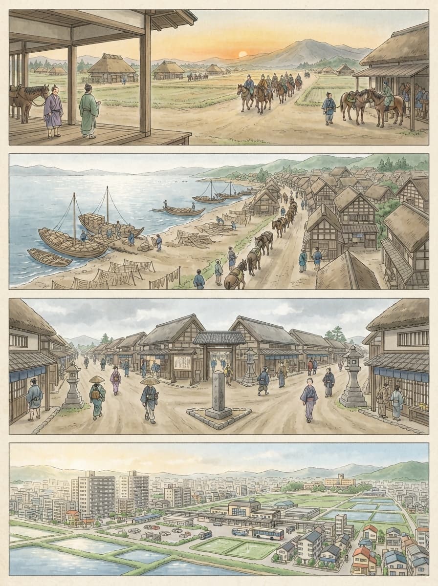 草津市の歴史を古代から現代まで4コマでたどるAI生成イメージ