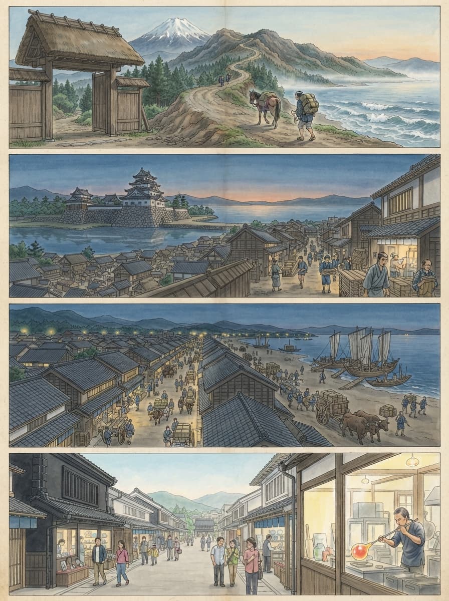 長浜市の歴史を古代から現代まで4コマでたどるAI生成イメージ