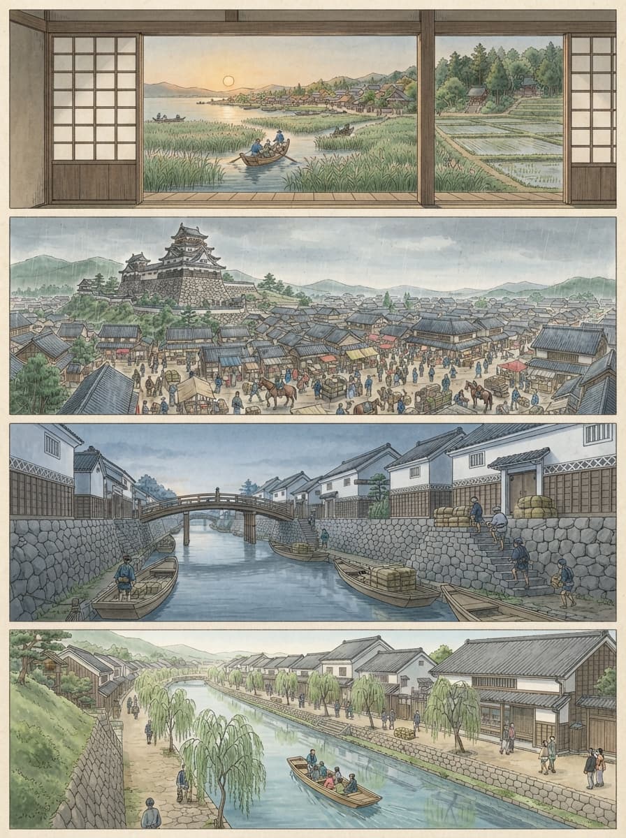 近江八幡市の歴史を古代から現代まで4コマでたどるAI生成イメージ