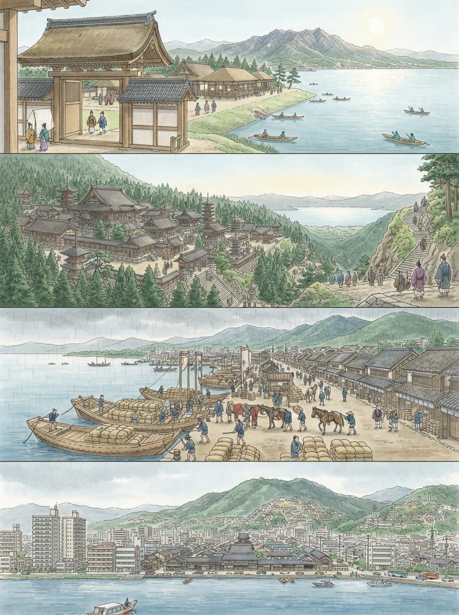 大津市の歴史を古代から現代まで4コマでたどるAI生成イメージ