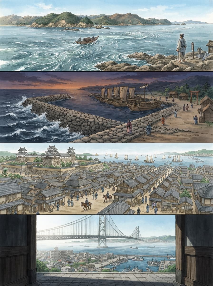 明石市の歴史を古代から現代まで4コマでたどるAI生成イメージ