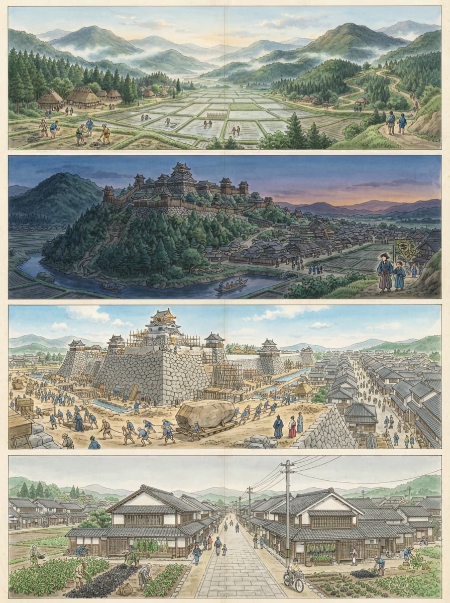 丹波篠山市の歴史を古代から現代まで4コマでたどるAI生成イメージ
