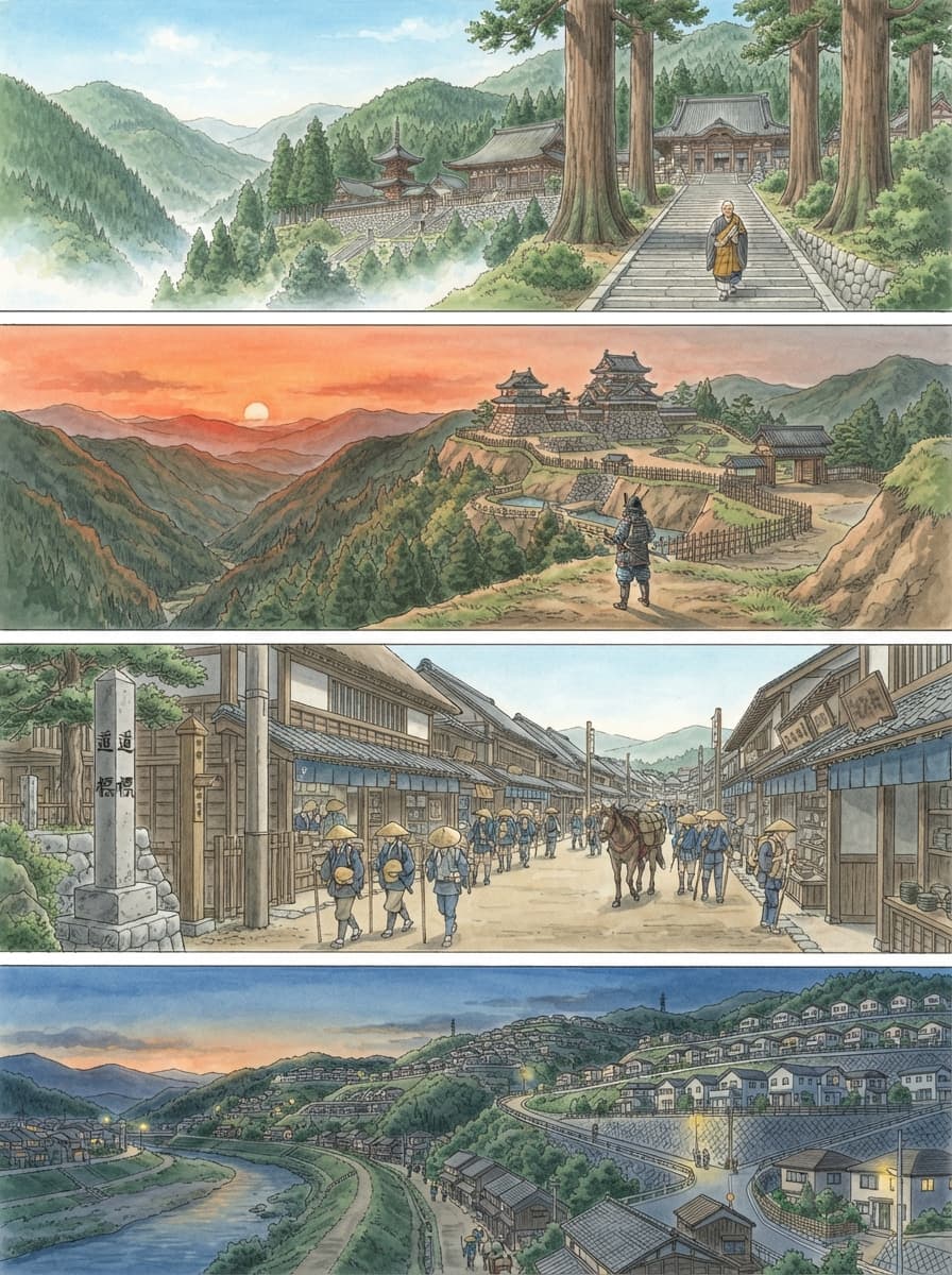 河内長野市の歴史を古代から現代まで4コマでたどるAI生成イメージ