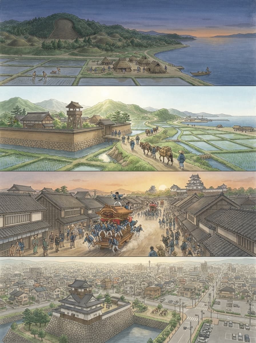 岸和田市の歴史を古代から現代まで4コマでたどるAI生成イメージ
