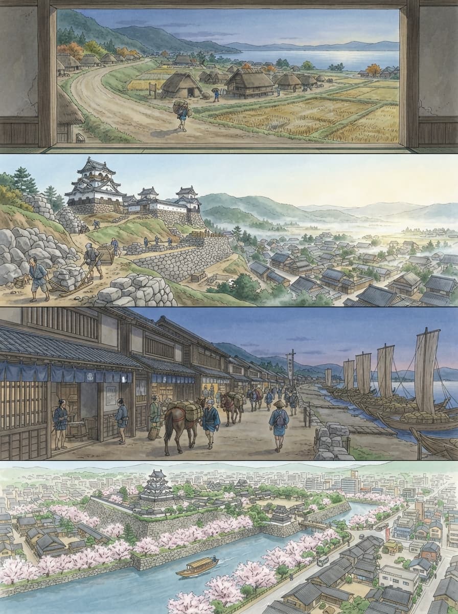 彦根市の歴史を古代から現代まで4コマでたどるAI生成イメージ