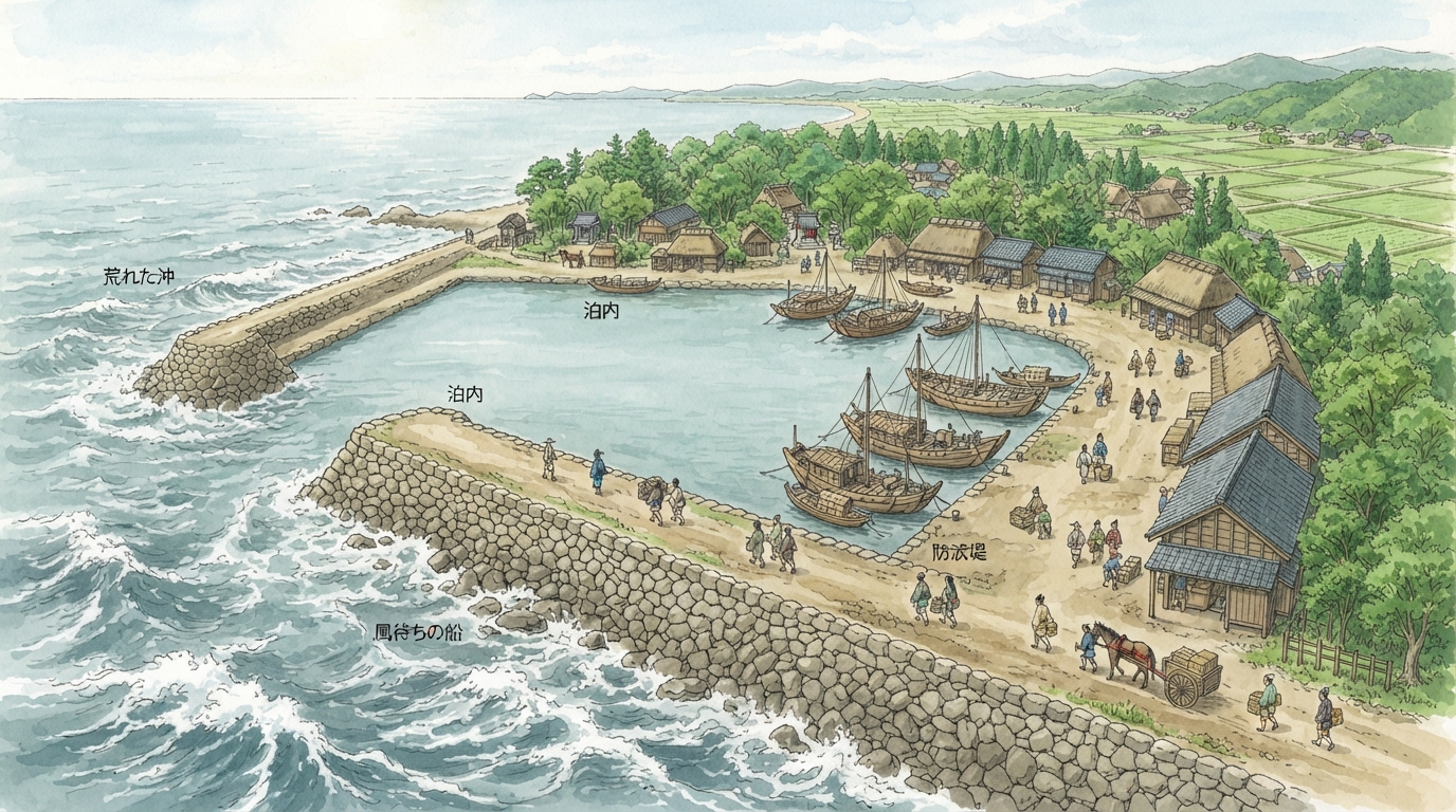 明石市―海峡の港から城下町、日本標準時の町への「魚住泊―公的な港を整える」を表す歴史イメージ