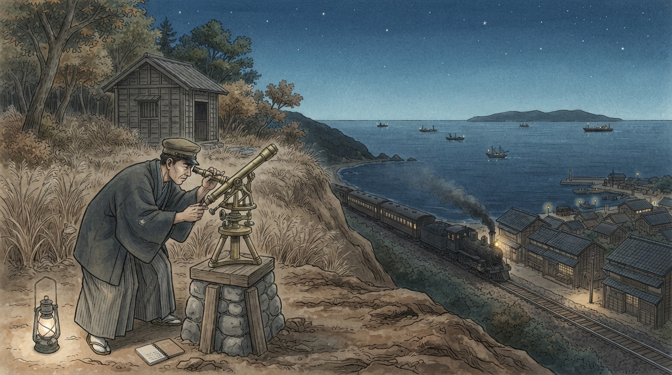明石市―海峡の港から城下町、日本標準時の町への「鉄道と東経135度―時間の基準になる」を表す歴史イメージ