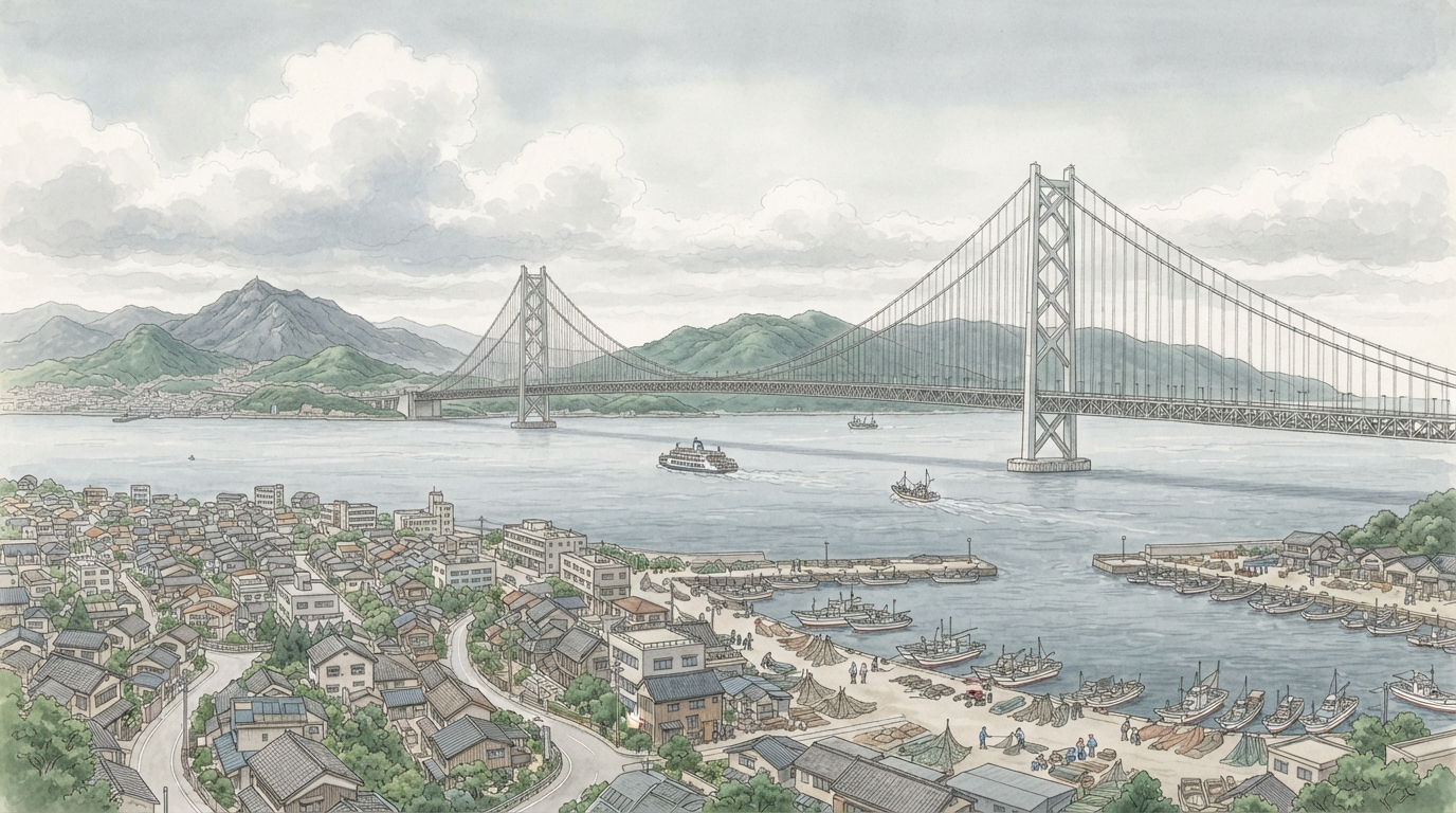 明石市―海峡の港から城下町、日本標準時の町への「海峡大橋と住宅都市―近さが変わる」を表す歴史イメージ