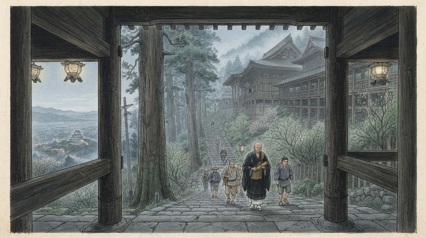 姫路市―山陽道と姫路城、戦災復興の都市への「書写山円教寺―山上の信仰都市」を表す歴史イメージ