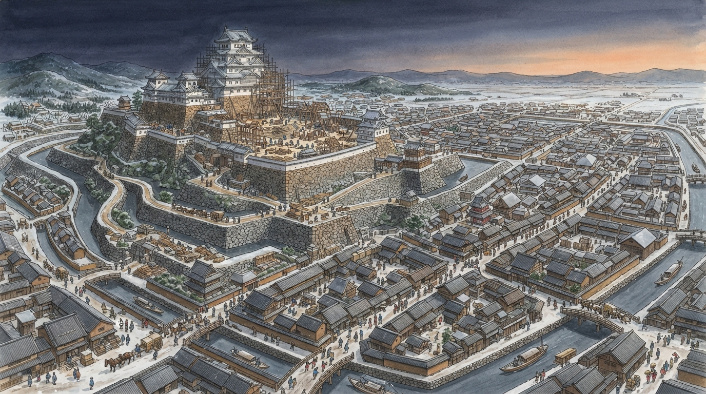 姫路市―山陽道と姫路城、戦災復興の都市への「姫路城と城下町―西国支配の拠点」を表す歴史イメージ