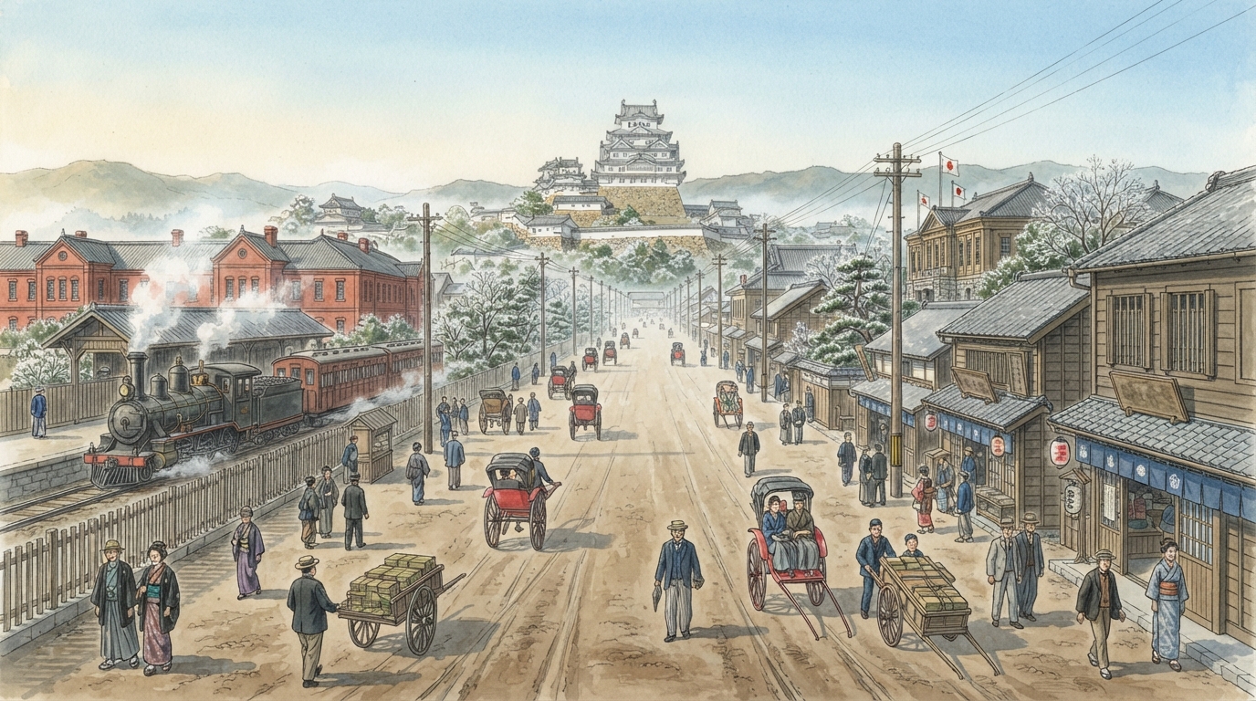 姫路市―山陽道と姫路城、戦災復興の都市への「軍都と鉄道―城の南へ都市が伸びる」を表す歴史イメージ