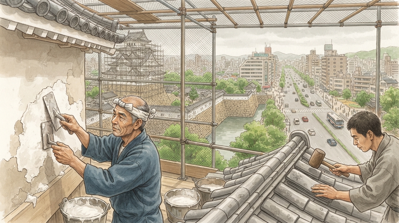 姫路市―山陽道と姫路城、戦災復興の都市への「空襲復興と保存―城を都市の中心に戻す」を表す歴史イメージ