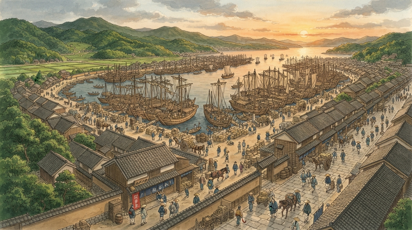 神戸市―大輪田泊から開港場、震災復興の港都への「兵庫津―西国街道と廻船の町」を表す歴史イメージ