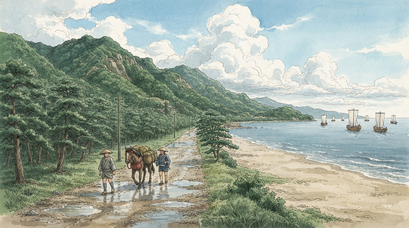 西宮市―えびすの門前から灘の酒、阪神間住宅地への「西国への道―海辺と山裾の交通」を表す歴史イメージ