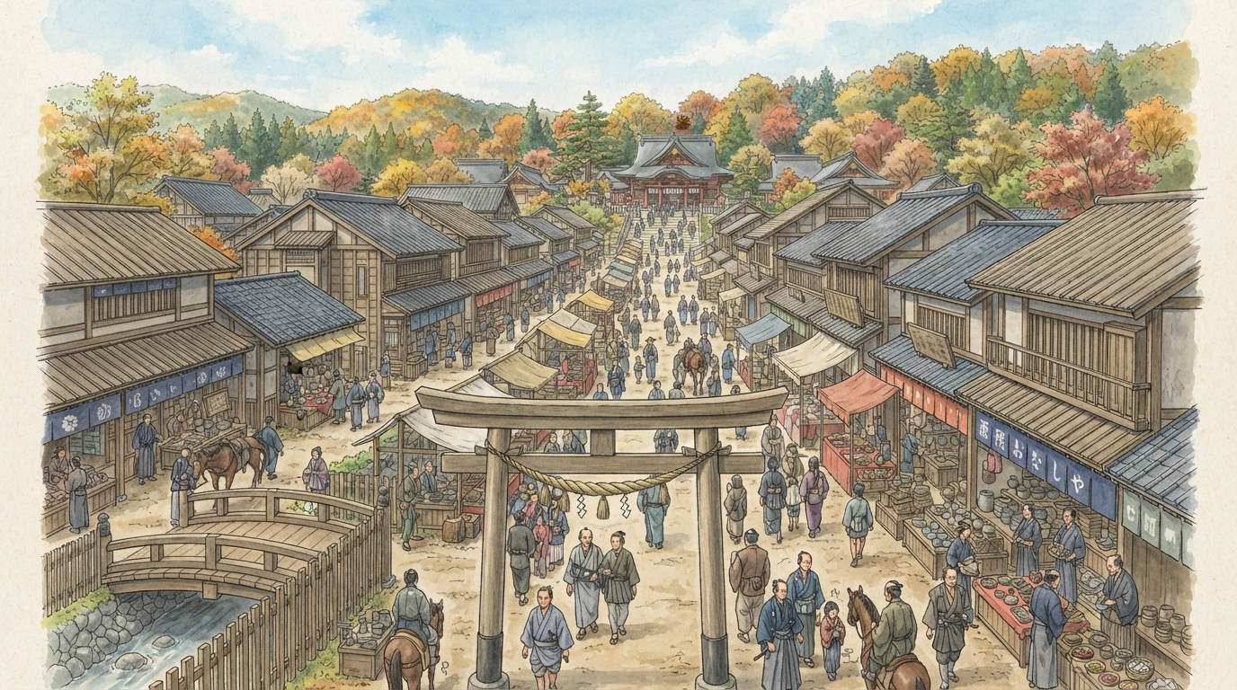 西宮市―えびすの門前から灘の酒、阪神間住宅地への「西宮神社―門前町の名が市名になる」を表す歴史イメージ