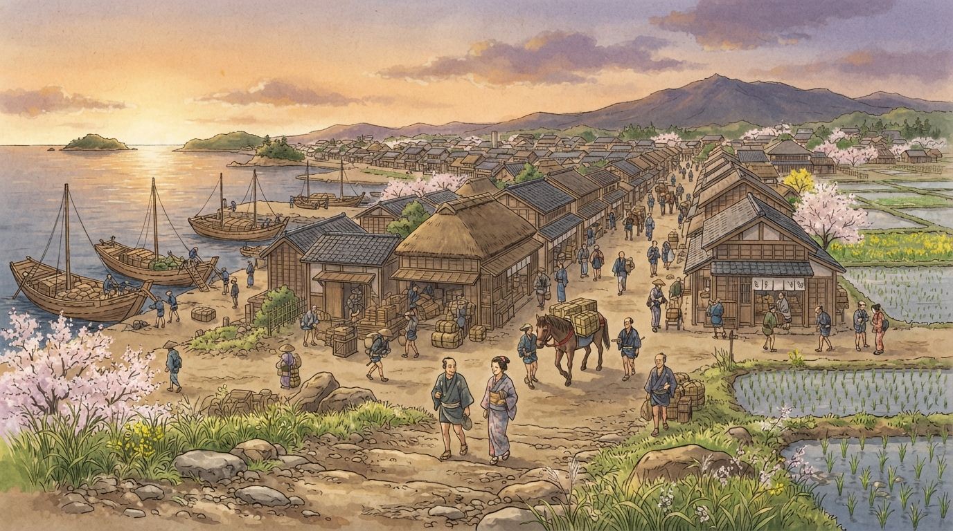 西宮市―えびすの門前から灘の酒、阪神間住宅地への「西国街道と西宮宿―旅と荷を受ける」を表す歴史イメージ