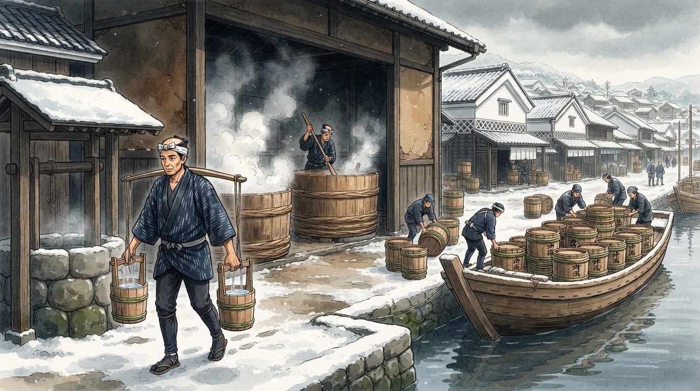西宮市―えびすの門前から灘の酒、阪神間住宅地への「宮水と灘五郷―水を酒の品質にする」を表す歴史イメージ