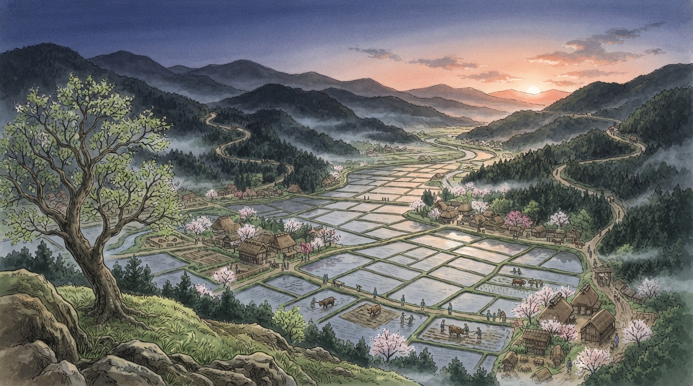 丹波篠山市―篠山城下と街道、農村景観を受け継ぐ町の「丹波の盆地―農地と街道の基盤」を表す歴史イメージ