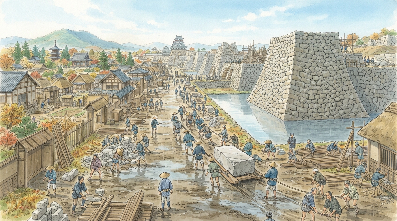 丹波篠山市―篠山城下と街道、農村景観を受け継ぐ町の「篠山城―天下普請で城下を計画する」を表す歴史イメージ