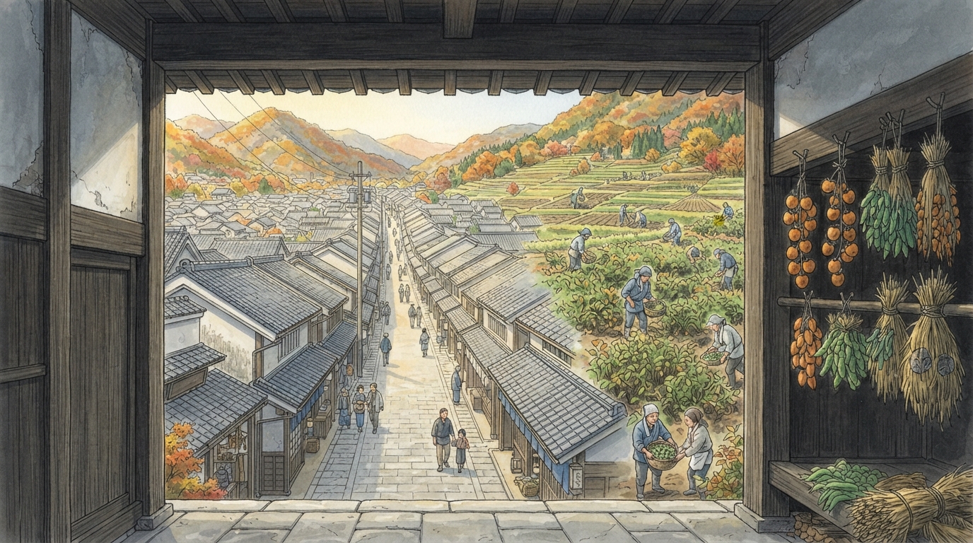 丹波篠山市―篠山城下と街道、農村景観を受け継ぐ町の「町並みと農村文化―食も文化財として読む」を表す歴史イメージ