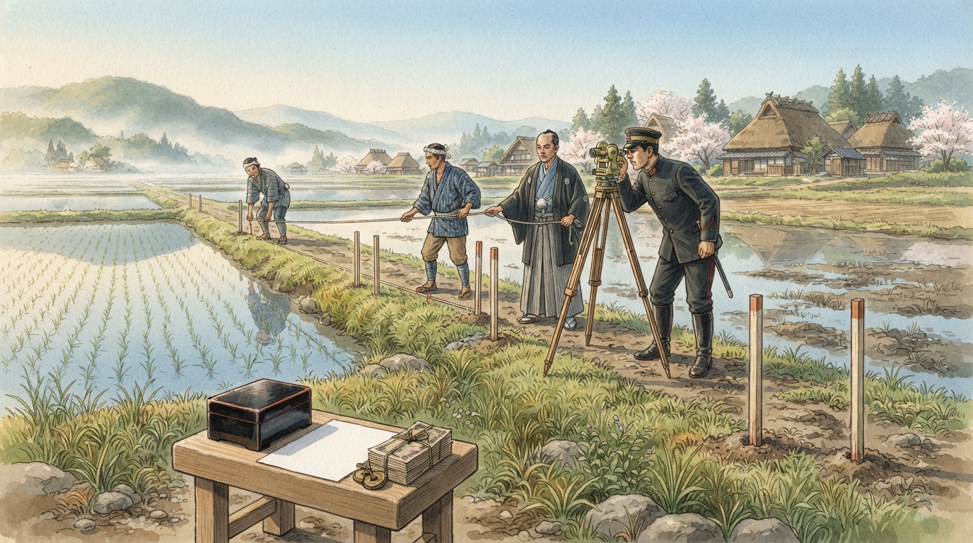 明治期の地券、土地測量、金納を三要素で示す説明図