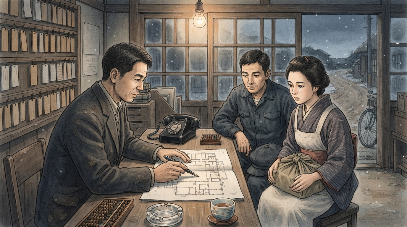 1950年代の仲介店で図面と重要事項を説明する担当者