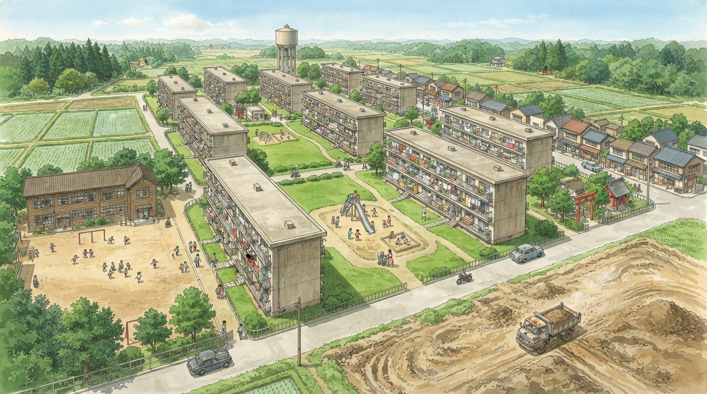 1950〜70年代の団地、公園、学校、商店を一体で示す鳥瞰図
