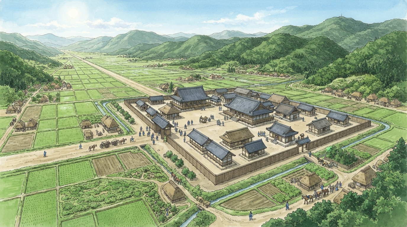 亀岡市―丹波の道から亀山城下、鉄道の町への「丹波国府と山陰道―盆地の政治拠点」を表す歴史イメージ