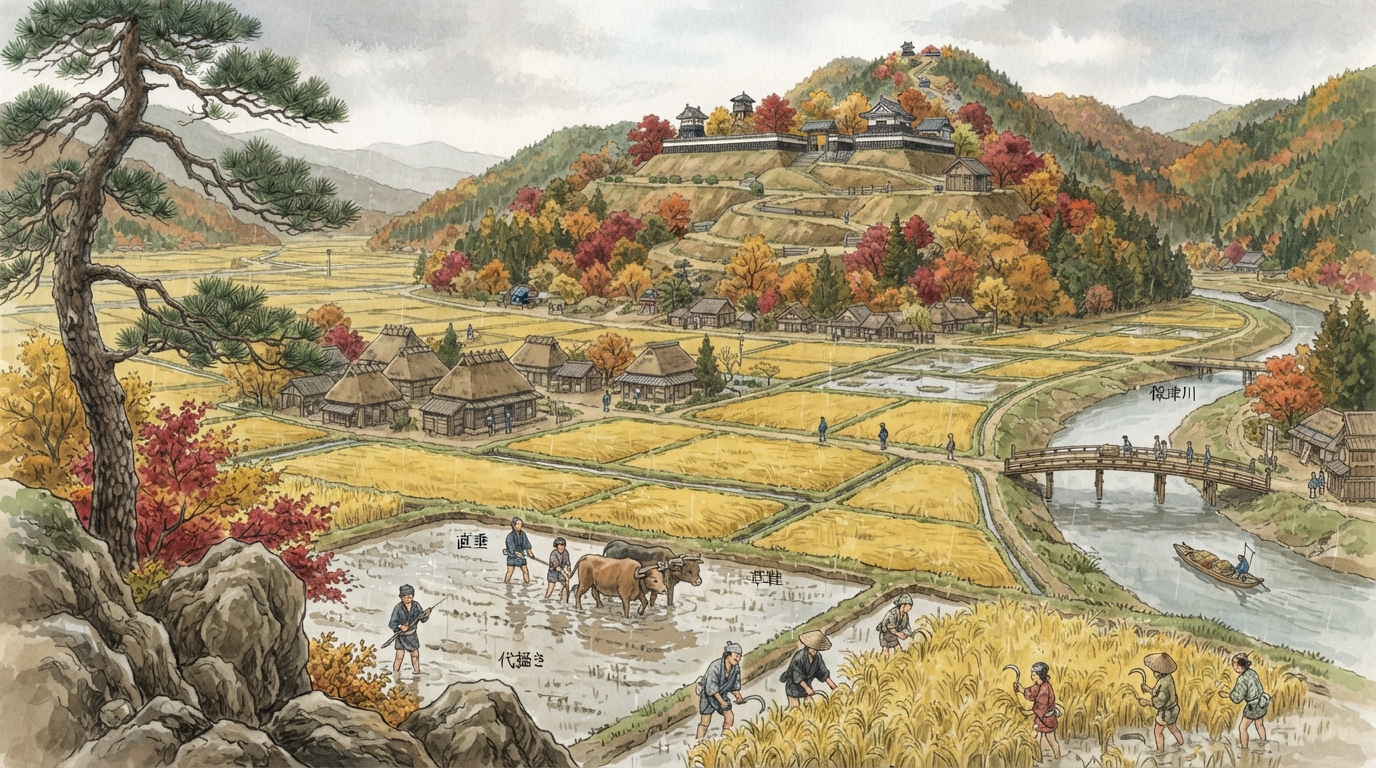 亀岡市―丹波の道から亀山城下、鉄道の町への「荘園と山城―盆地をめぐる勢力」を表す歴史イメージ