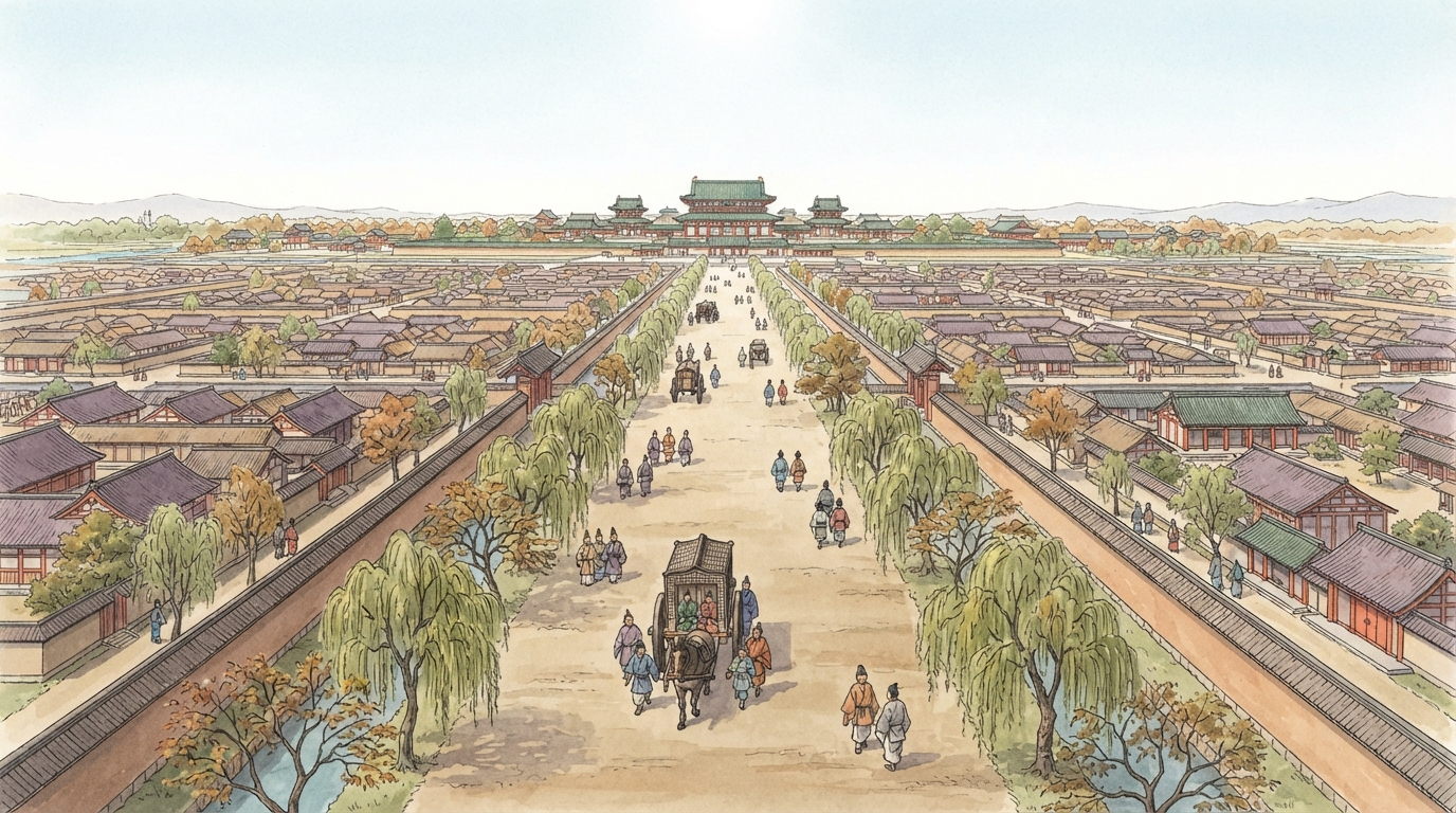 京都市―平安京から町衆、伏見水運、琵琶湖疏水への「平安京―街路が千年都市の骨格になる」を表す歴史イメージ
