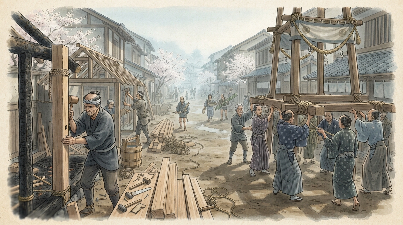 京都市―平安京から町衆、伏見水運、琵琶湖疏水への「町衆と自治―戦乱の後に町を組み直す」を表す歴史イメージ