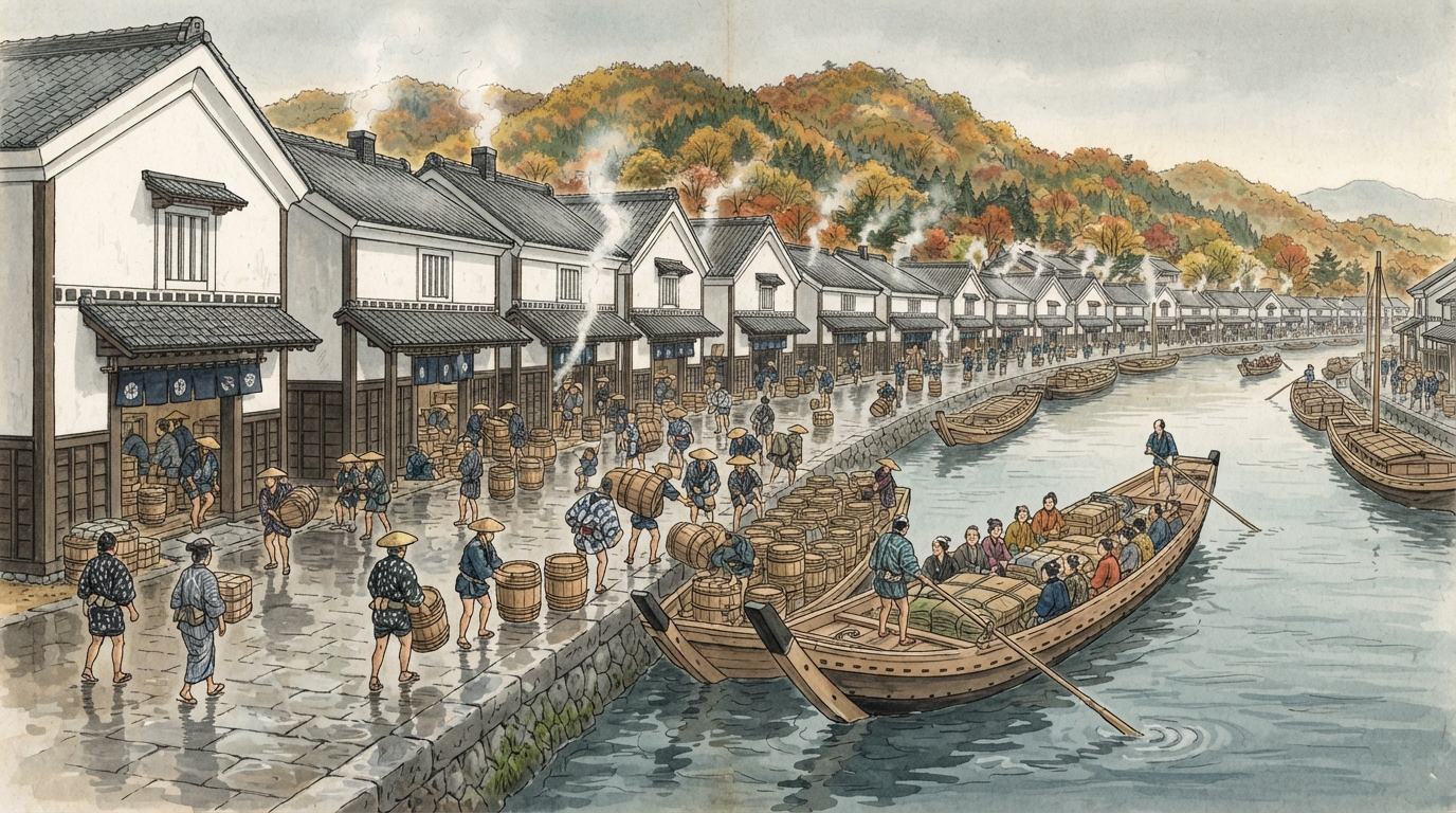 京都市―平安京から町衆、伏見水運、琵琶湖疏水への「京都と伏見―工芸都市と港町の二重構造」を表す歴史イメージ