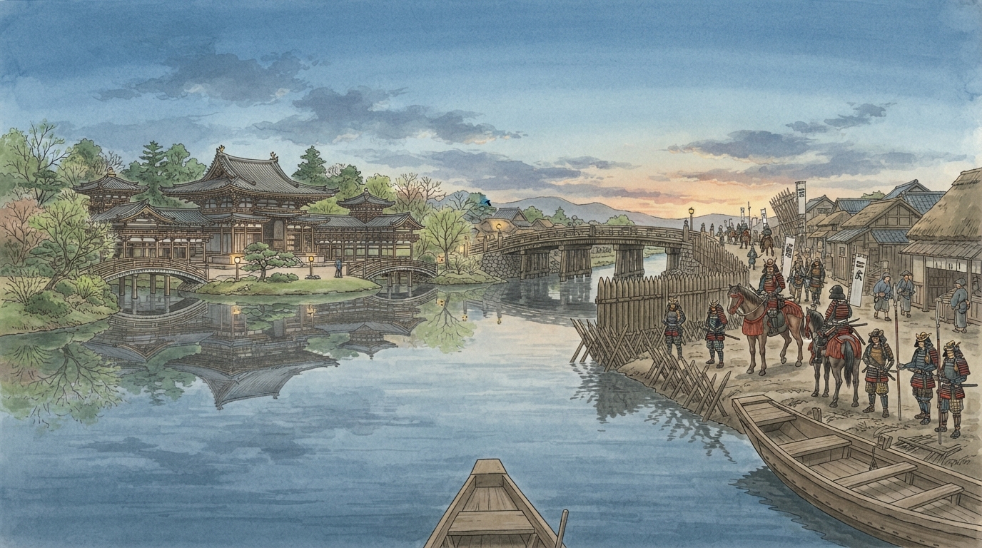 宇治市―宇治川の別業から平等院、茶と住宅都市への「平等院と合戦―浄土景観と交通の要衝」を表す歴史イメージ