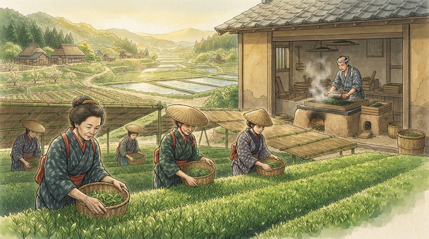 宇治市―宇治川の別業から平等院、茶と住宅都市への「宇治茶―地形と技術をブランドにする」を表す歴史イメージ