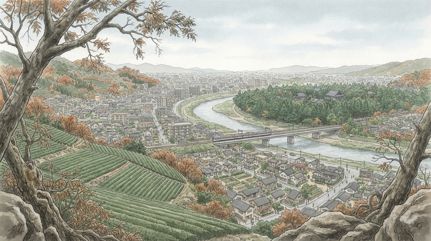 宇治市―宇治川の別業から平等院、茶と住宅都市への「鉄道と住宅地―茶郷が生活都市へ」を表す歴史イメージ