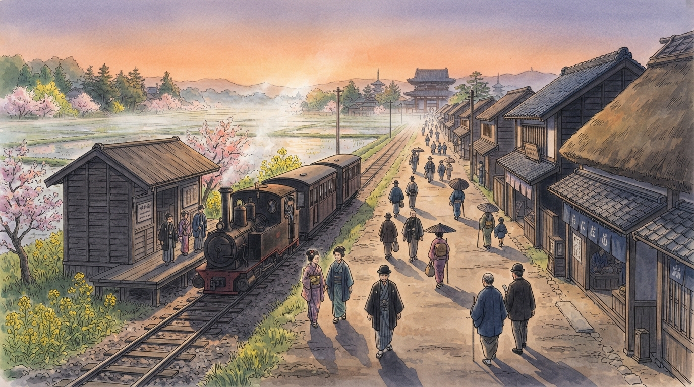大正期の法隆寺駅と軽便鉄道を利用する参詣客