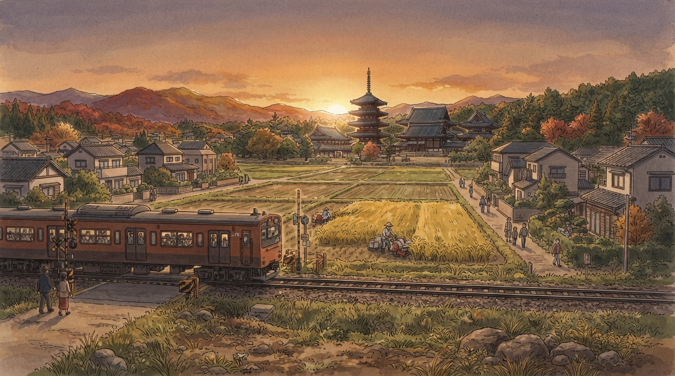 法隆寺周辺の歴史景観とJR駅周辺の住宅地を対比する図